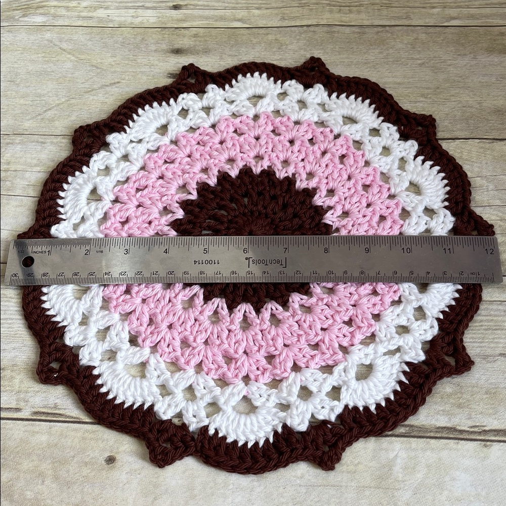 12 Inch Crochet Neapolitan Colors Pink White Chocolate Cotton Doily - Picture 2 of 2